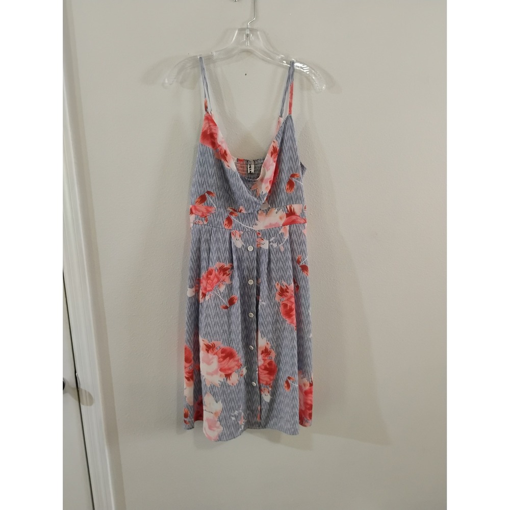 WISH Floral Stripe Button Down Sun Dress Blue Pink XL